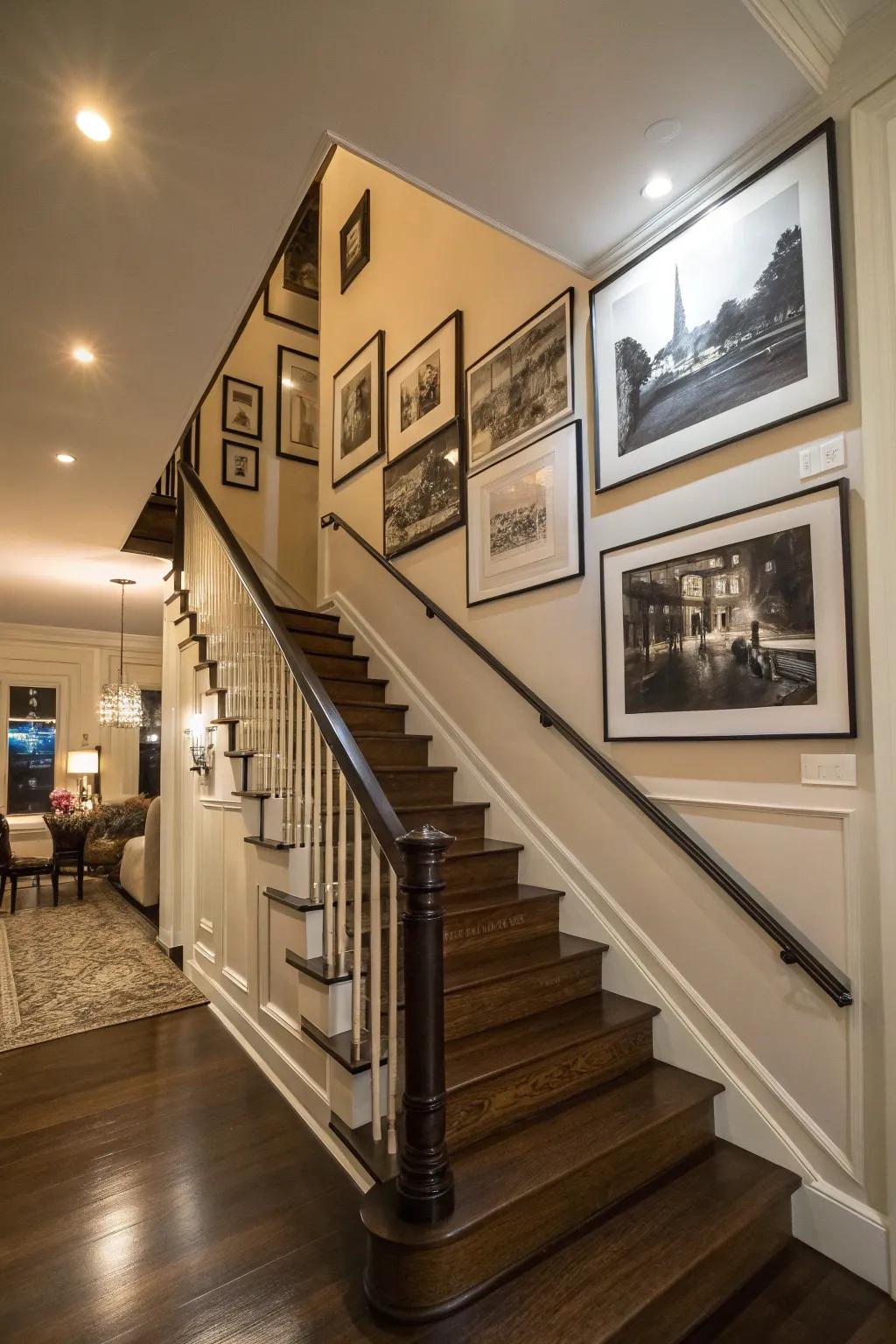A black-and-white photography print adding elegance to a staircase wall.