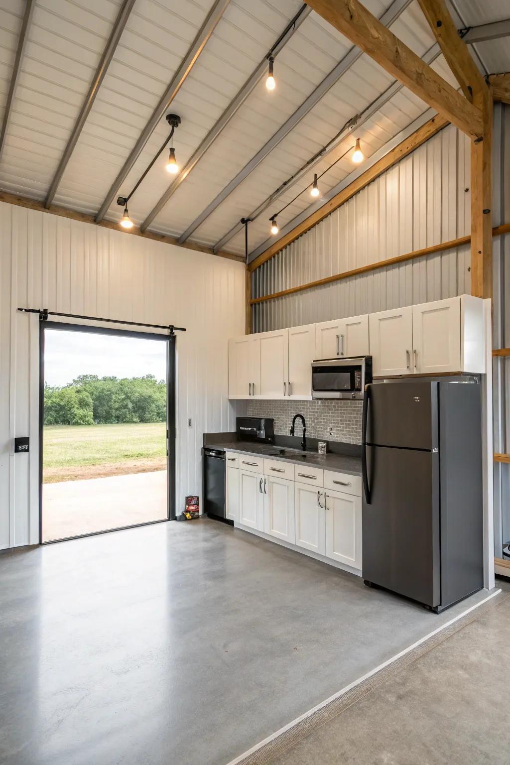 A modern cooking area in a pole barn with a streamlined and minimalist design.
