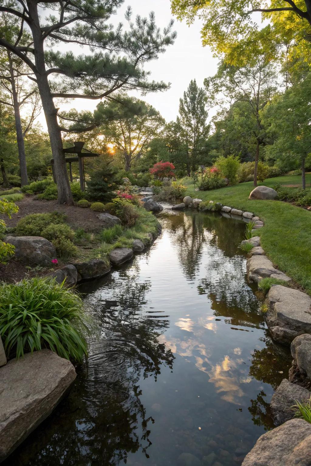 Reflective streams create serene and contemplative spaces.