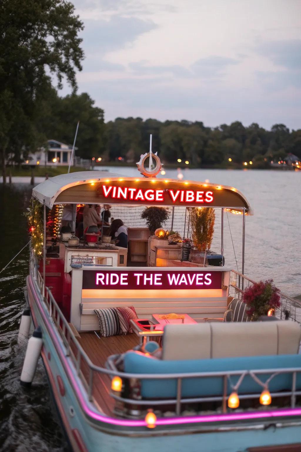 Retro-themed pontoon boat glowing with neon lights and vintage charm.