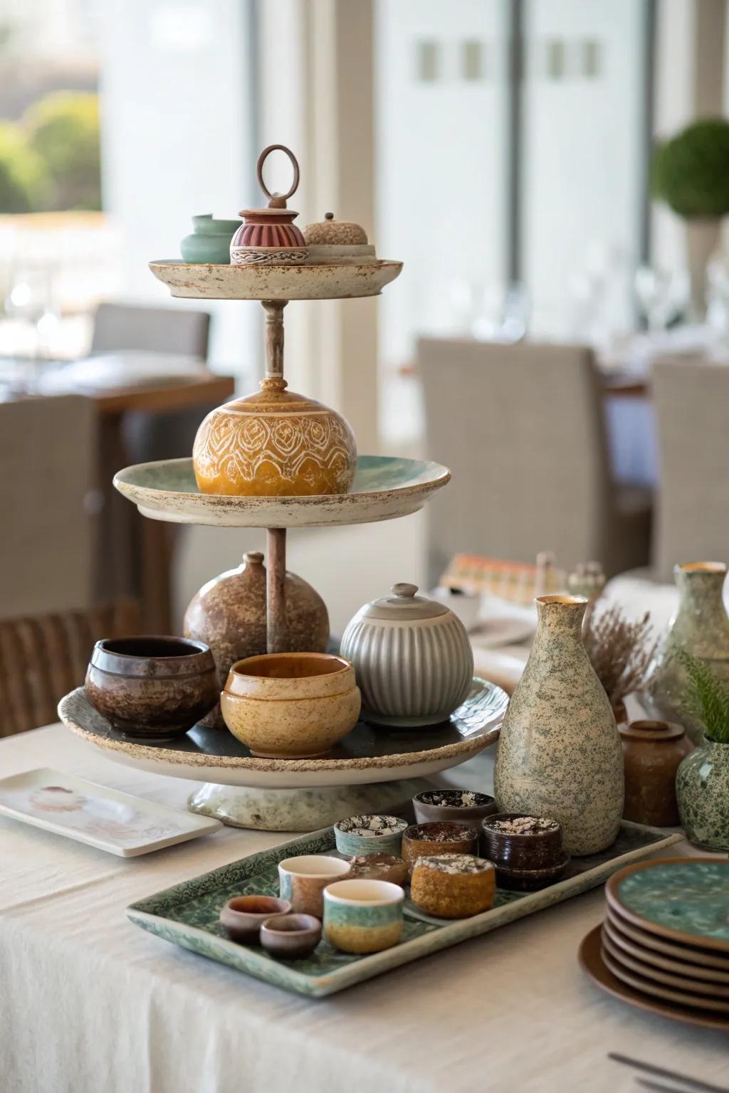 A tiered pottery display presented on a dining table.