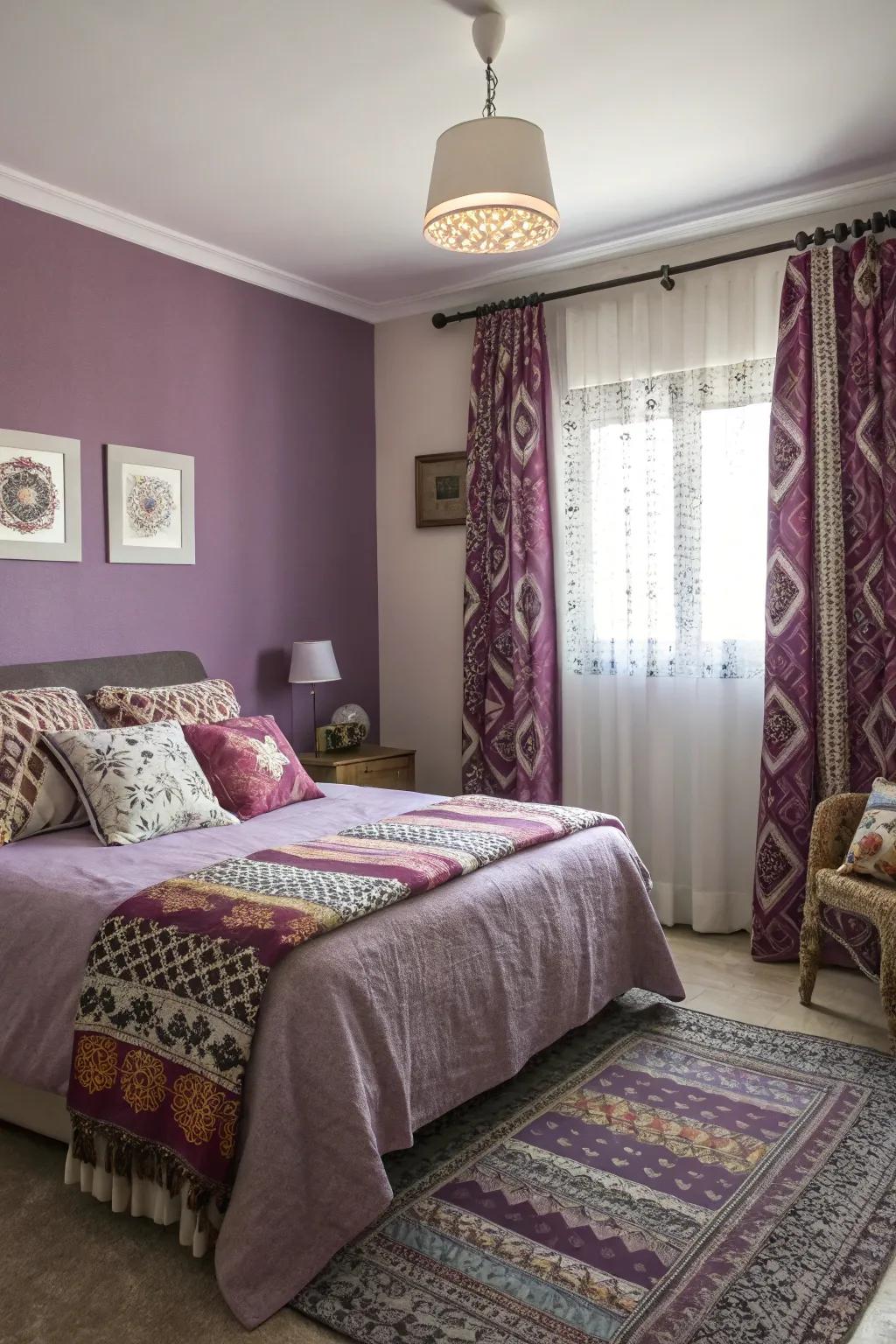 A combination of designs creating a lively atmosphere with violet walls.