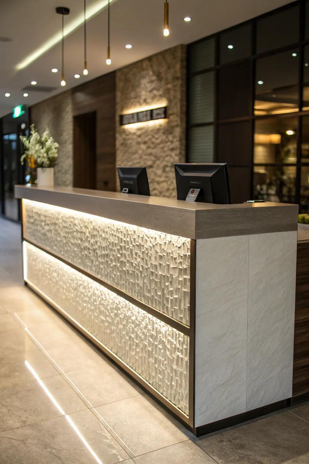 A reception desk that plays with textures for added depth.