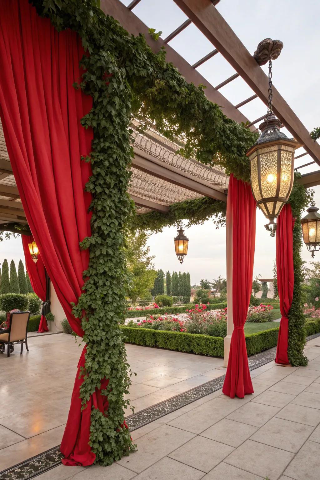 Red drapes and lanterns enhance the pergola's charm.