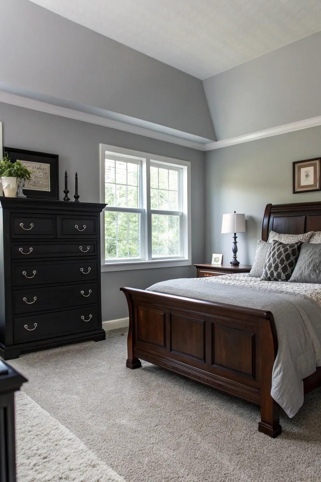 Dark furniture creates a striking contrast against Revere Pewter walls.