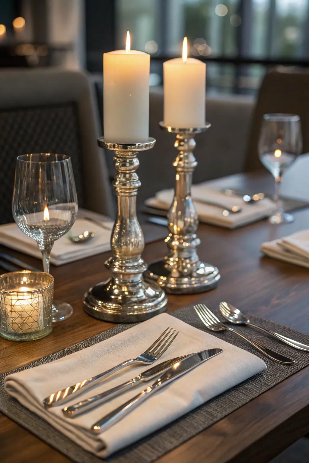 Metallic accents bring a subtle gleam to your romantic dining decor.