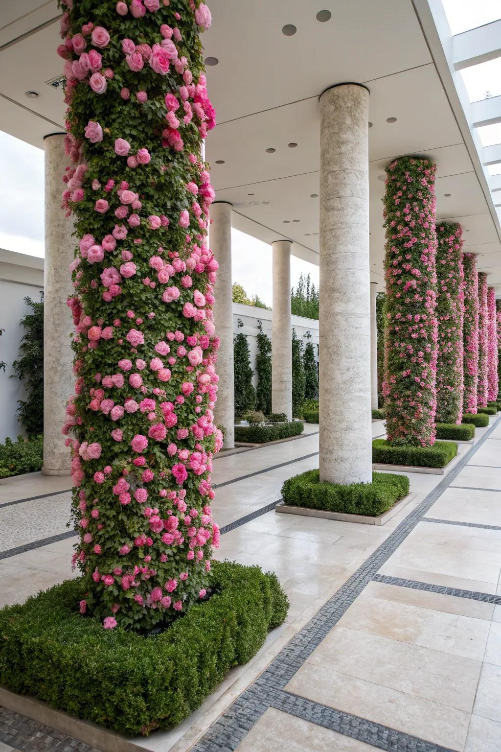 Add a modern touch with structured rose moss columns.