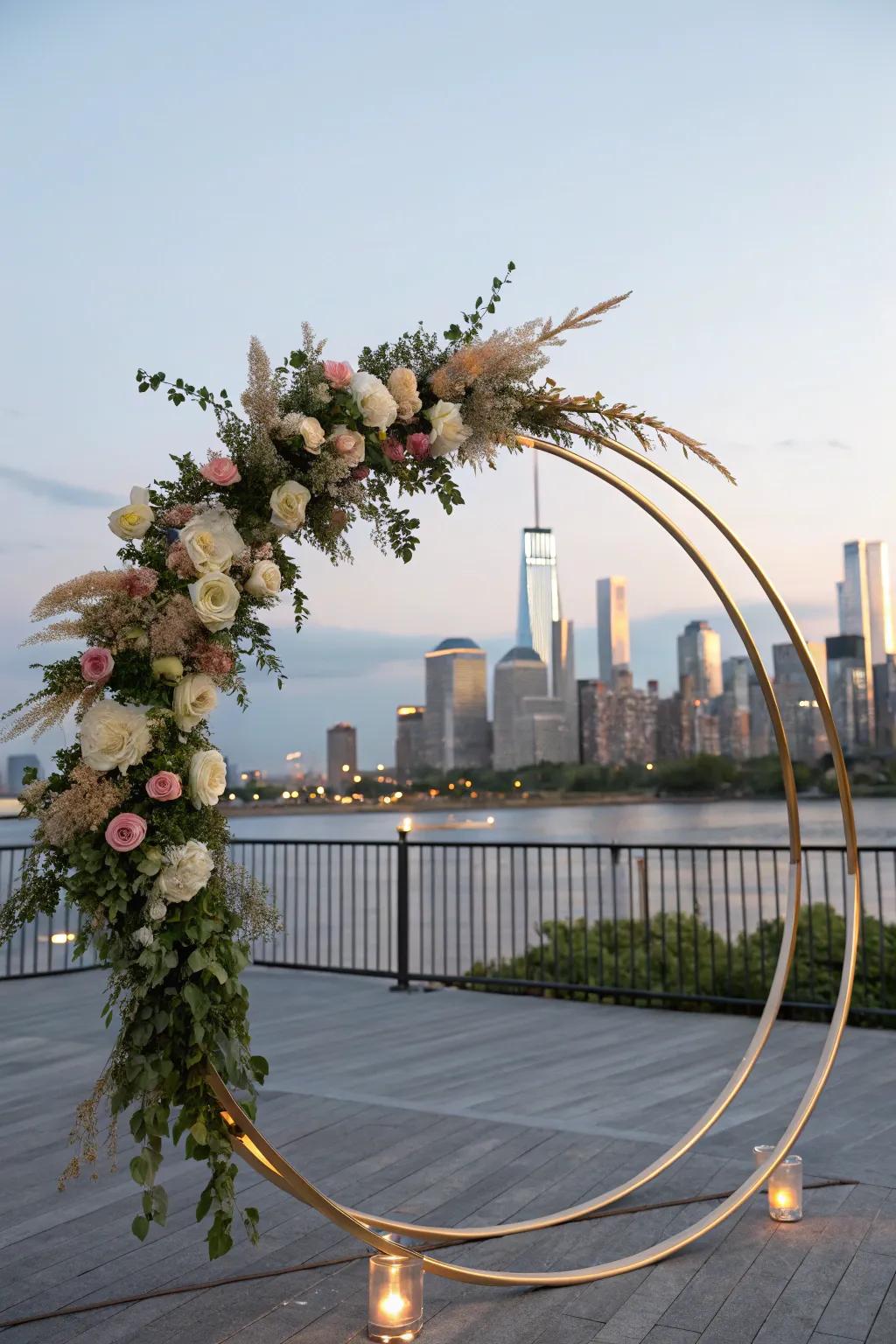 A modern round wedding arch with a metallic frame.