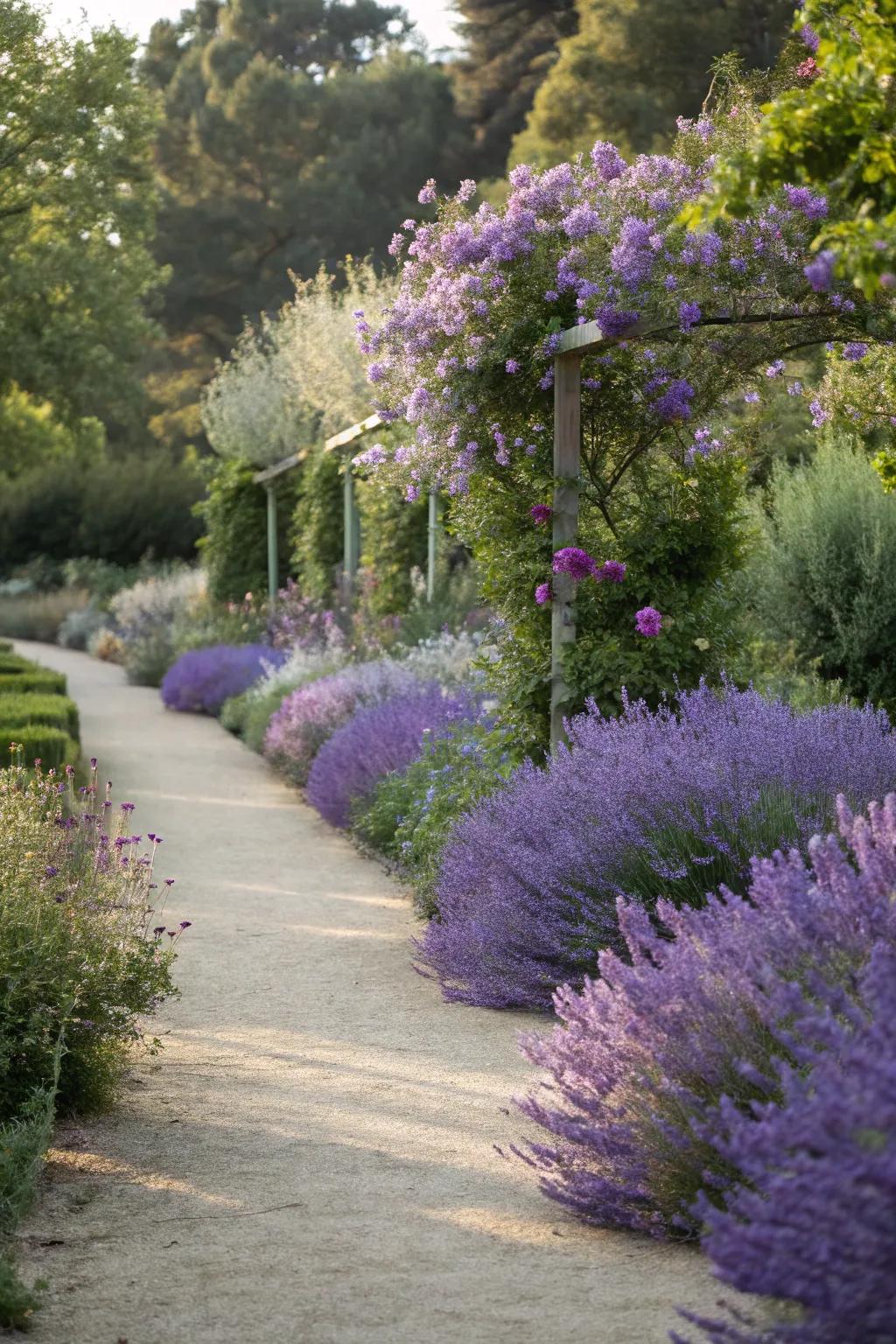 A sensory garden path lined with fragrant Silver Queen and spire lavender.