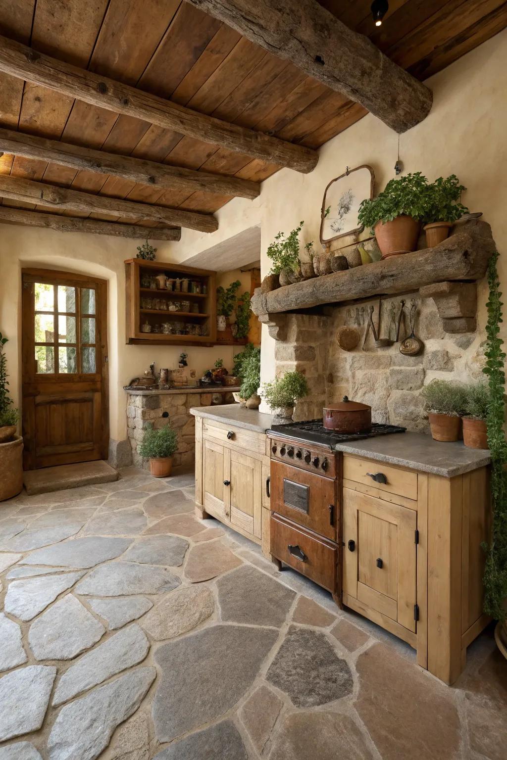 Flagstone flooring enhances natural beauty in the kitchen.