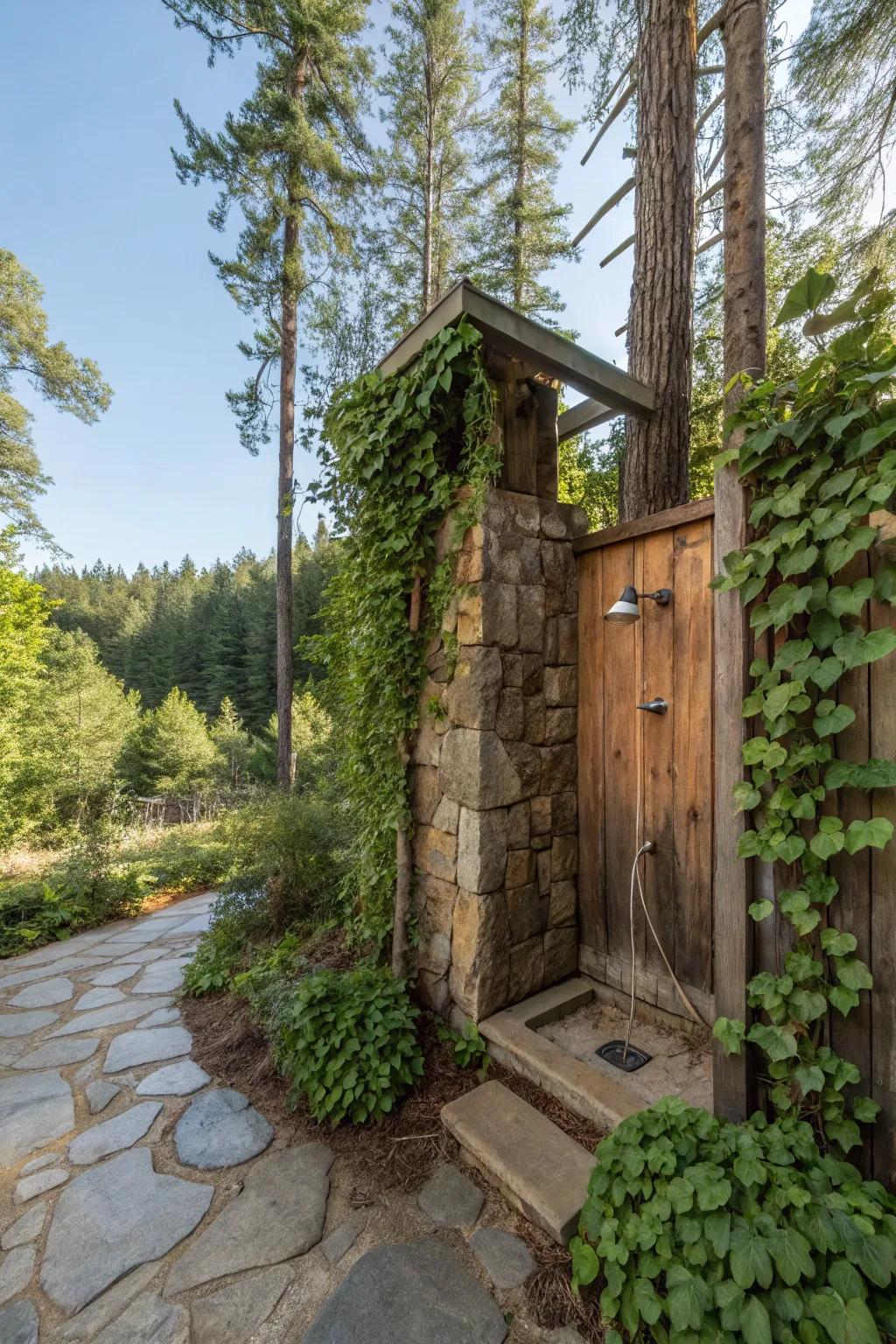 A shower incorporating greenery, adding a revitalizing and organic accent to the rustic aesthetic.
