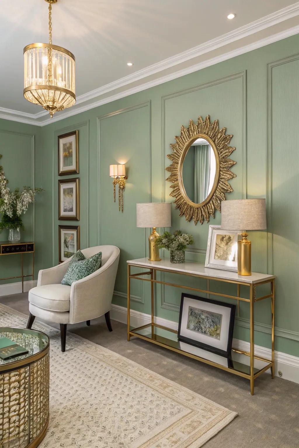 A sophisticated room combining sage green with gold accents.