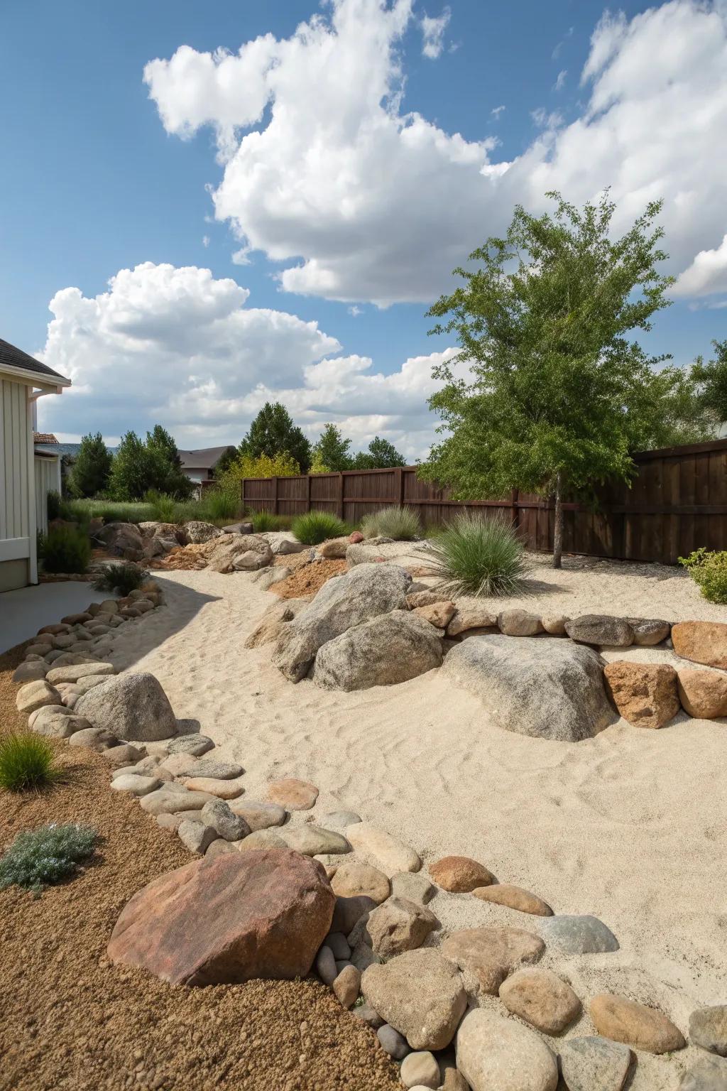 Achieve a natural look with a blend of sand and rocks.