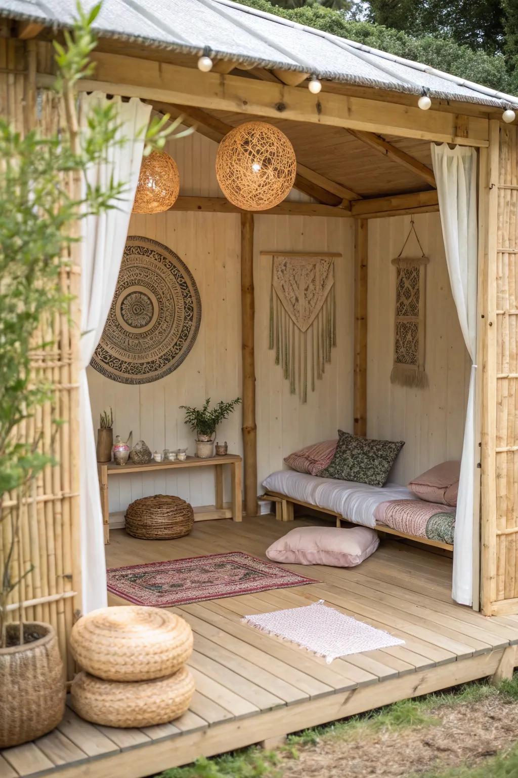 Create a meditation sanctuary in your she shed with natural elements and calming colors.