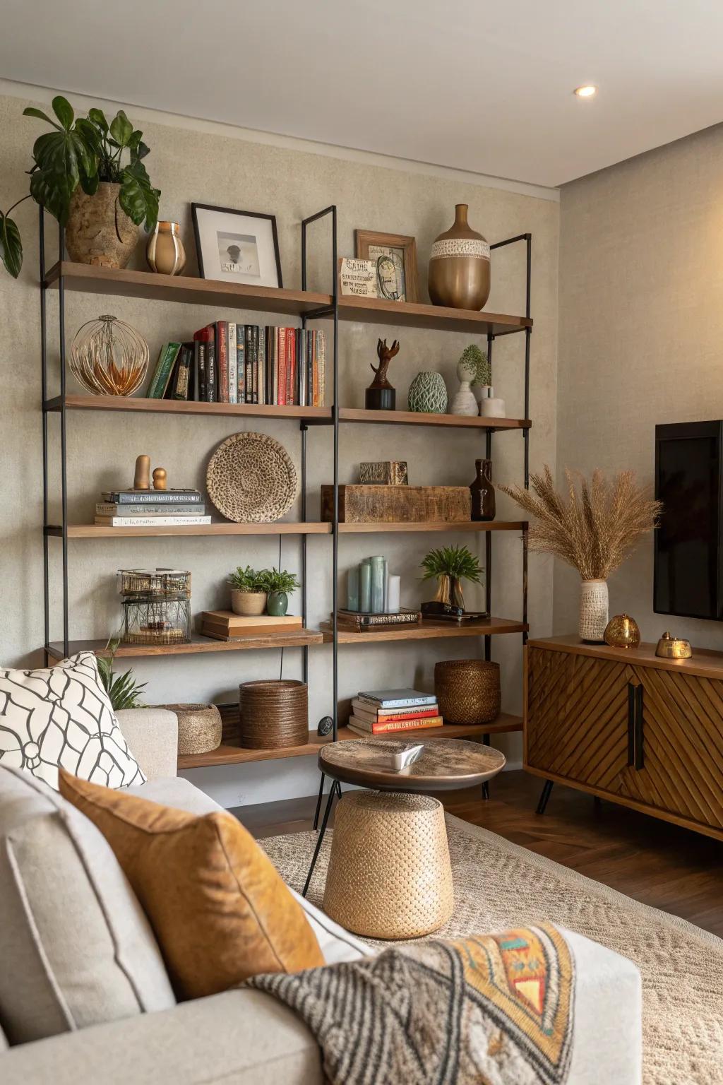 Living room shelves with dynamic arrangements of varied heights.