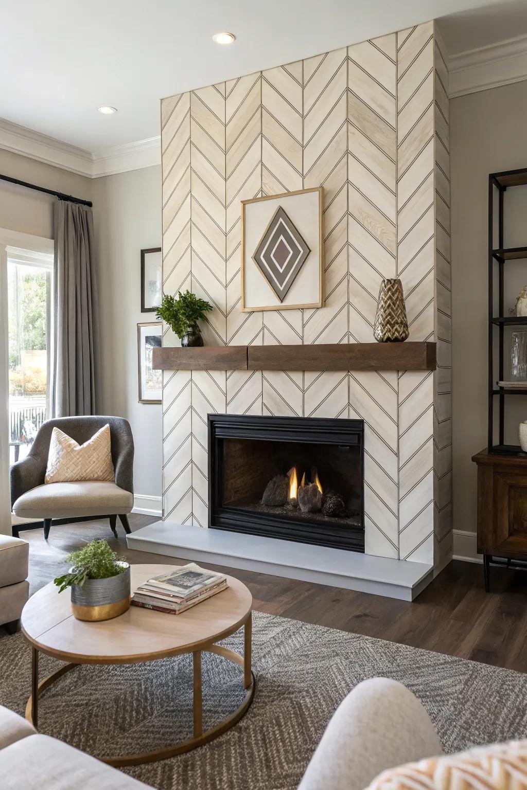 Chevron-patterned shiplap adds style and movement to the fireplace.