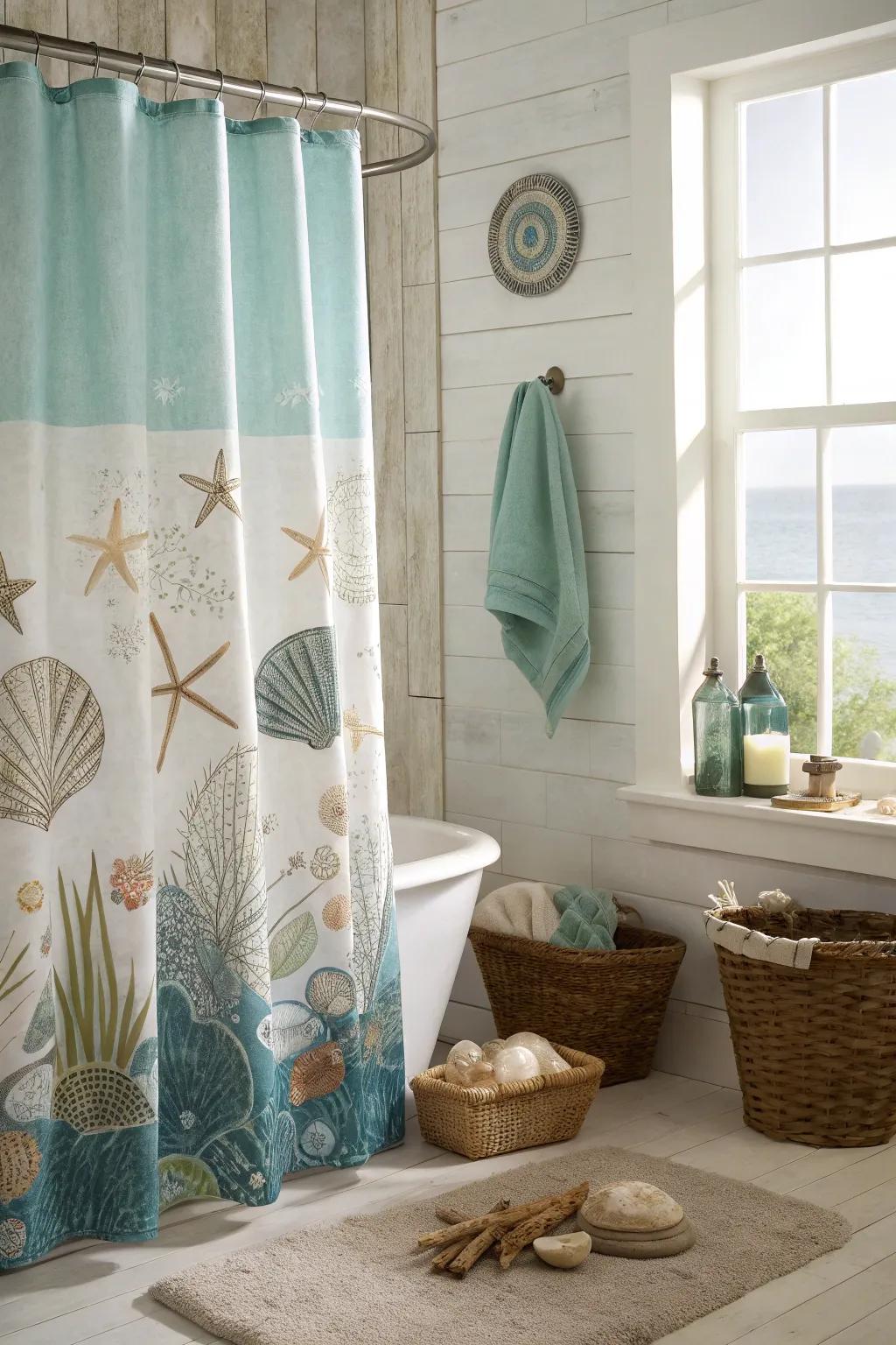 Coastal patterns create a calming, ocean-inspired atmosphere.