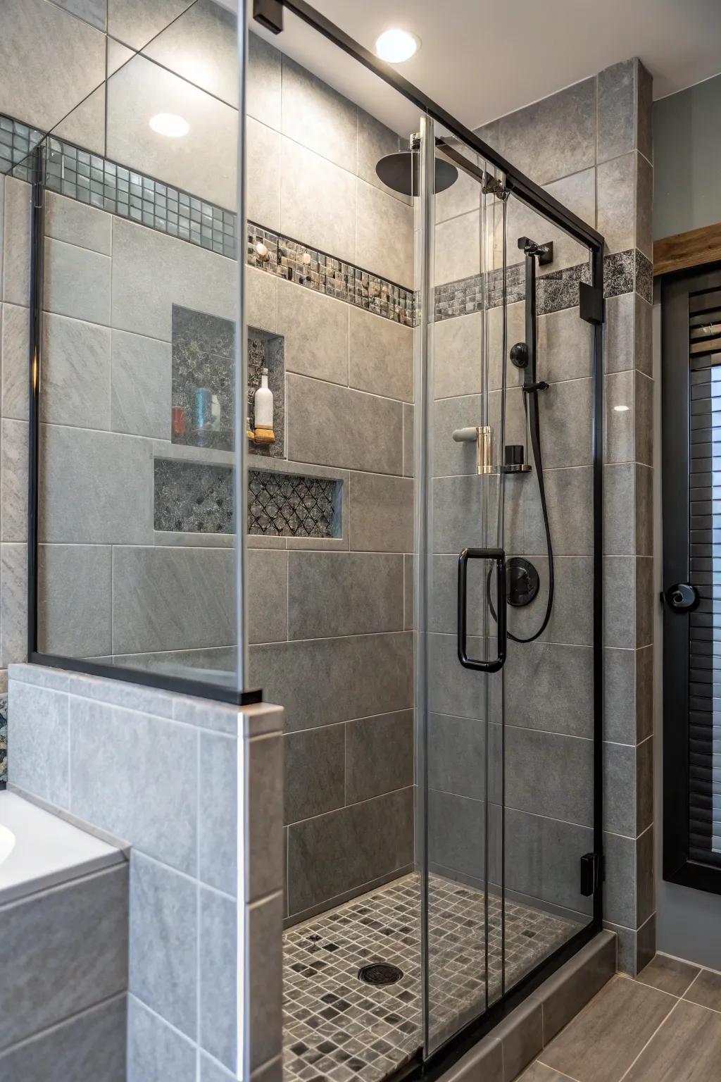 Combining textures for a dynamic grey-tiled shower.