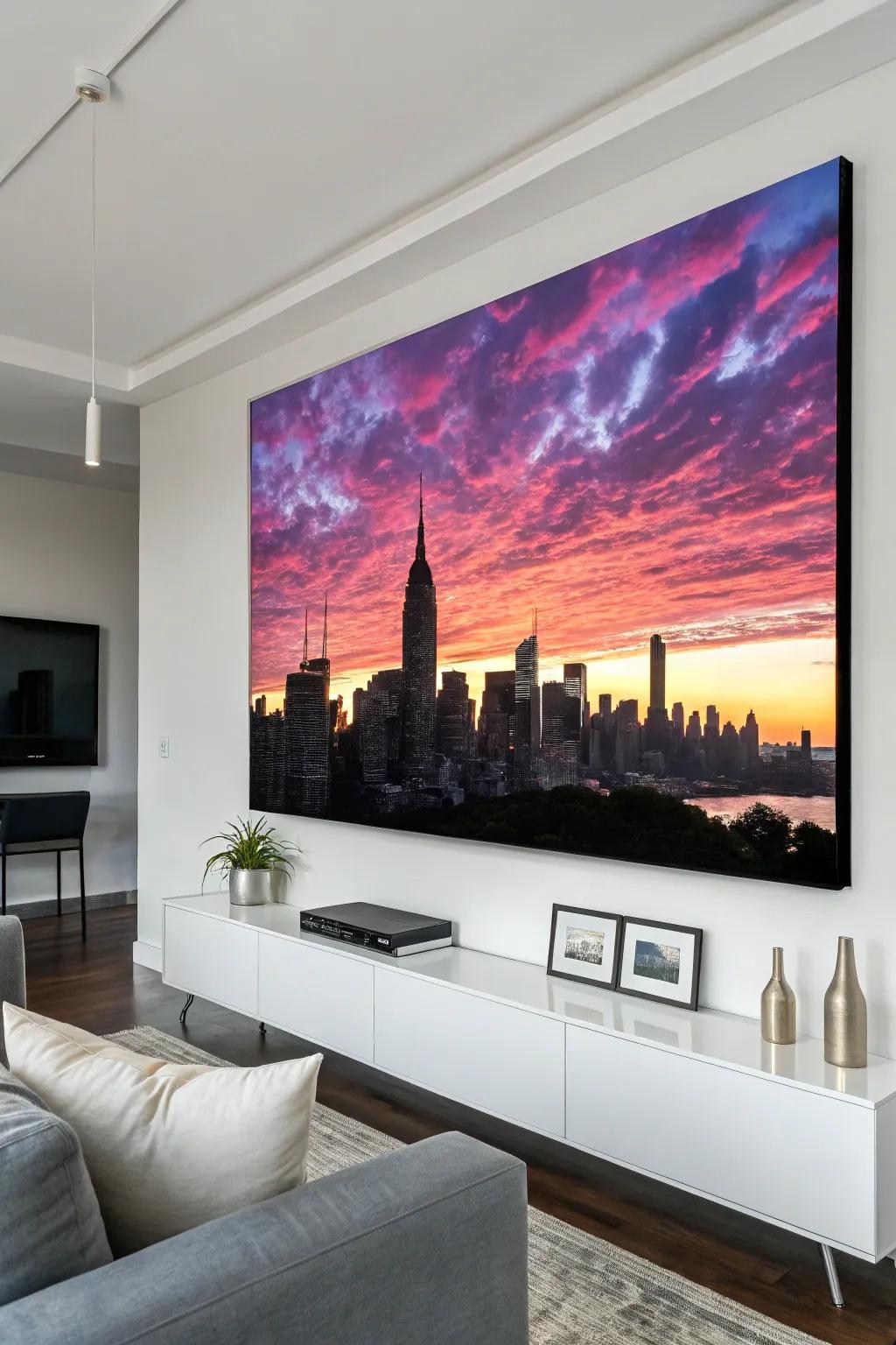 A skyline silhouette on canvas makes a bold statement in this living room.