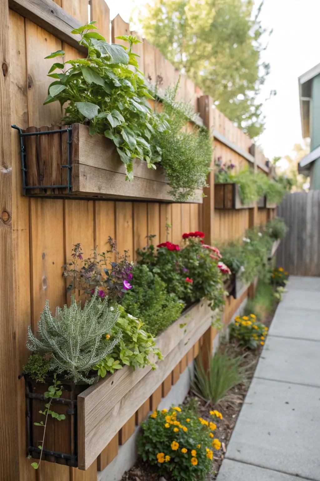 Vertical gardens innovatively use fence space for extra greenery.