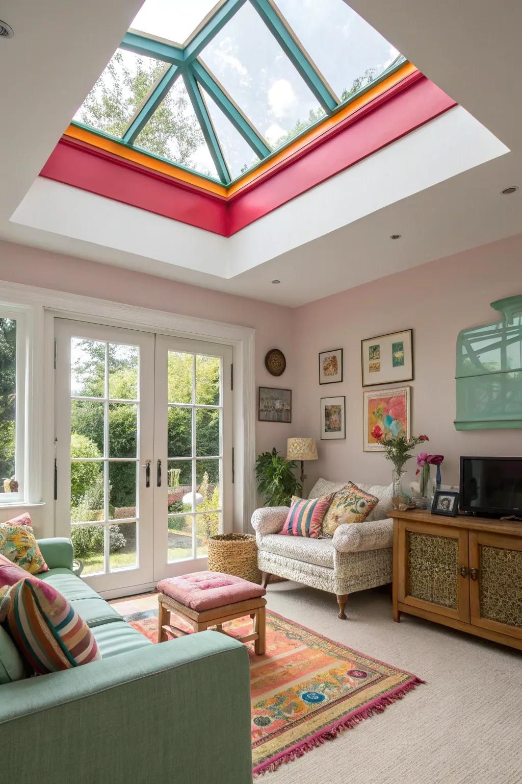 A living area showcasing a skylight with vividly colored trim.