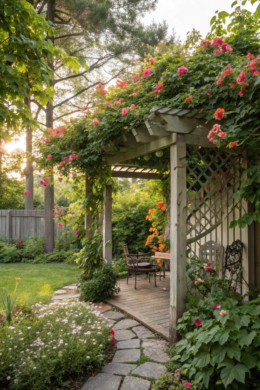 A pergola casts shade and champions gorgeous climbing greenery.