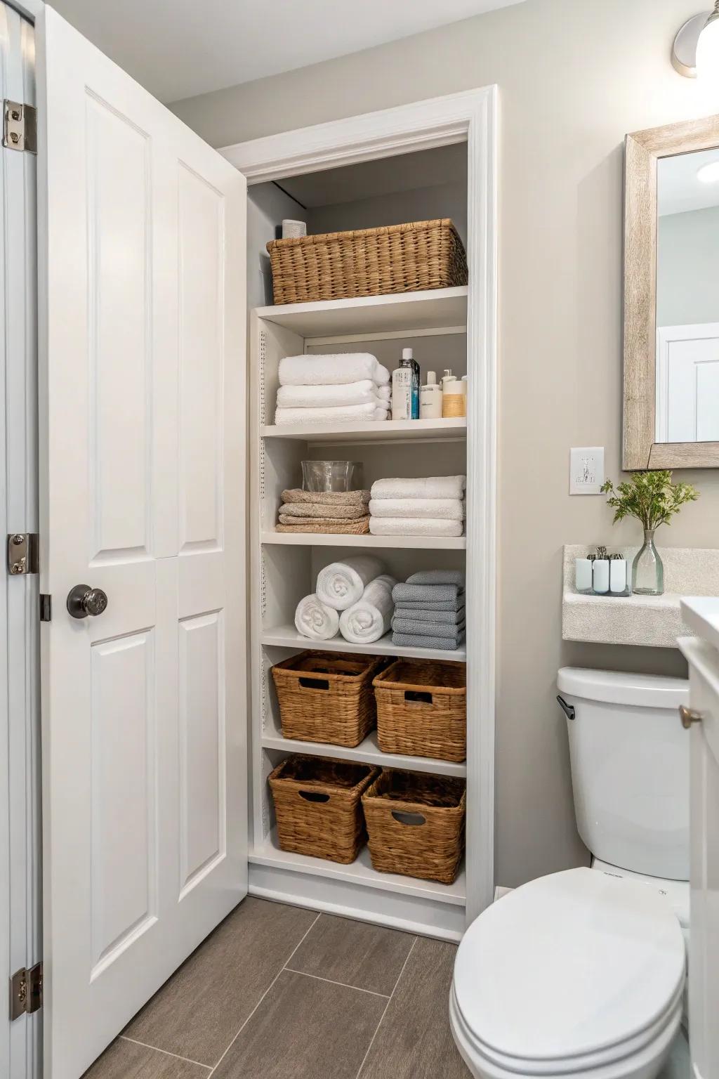 Open shelving provides functionality without contributing to clutter.