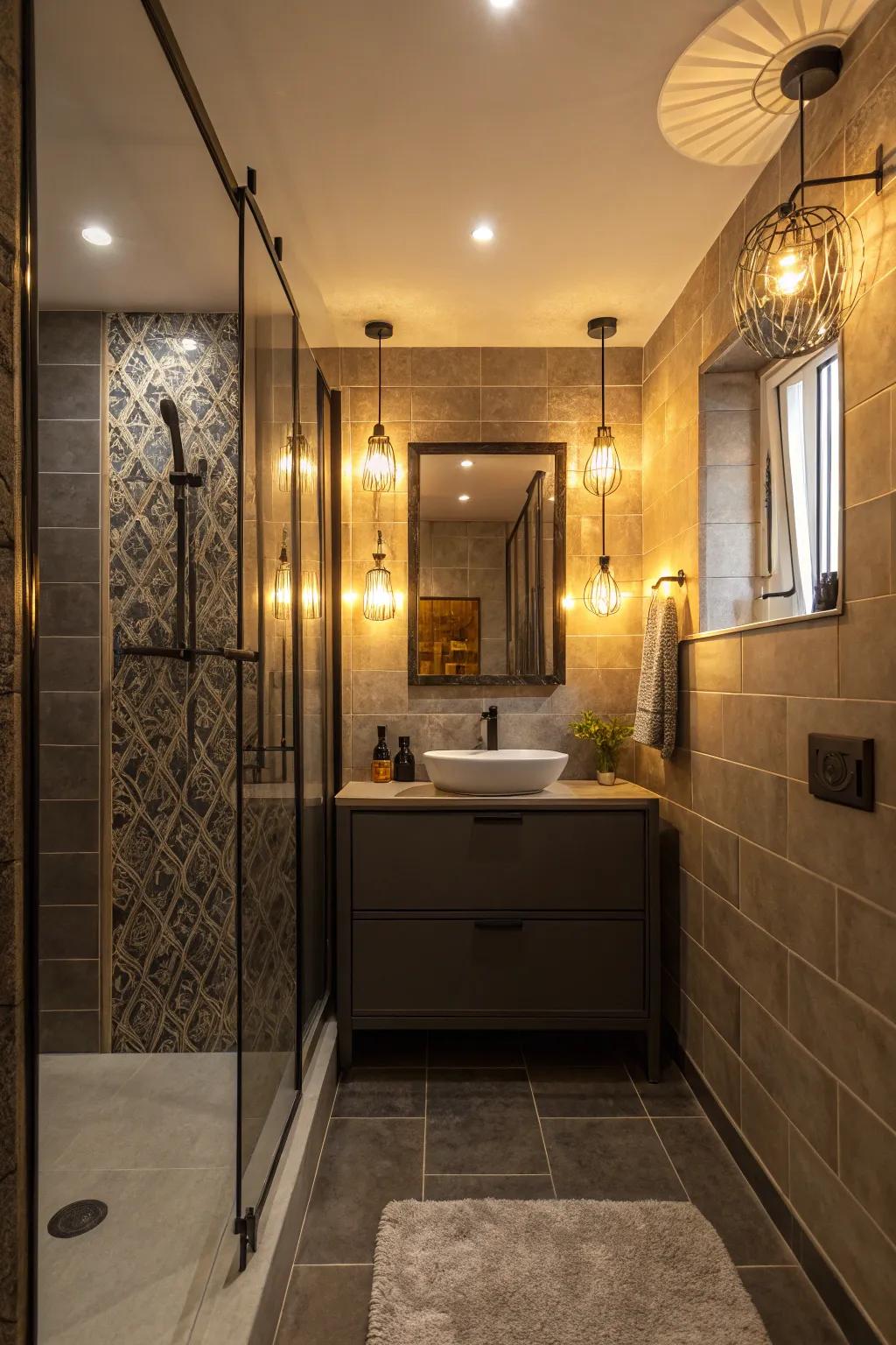 Statement lighting can transform the mood and functionality of a small bathroom.