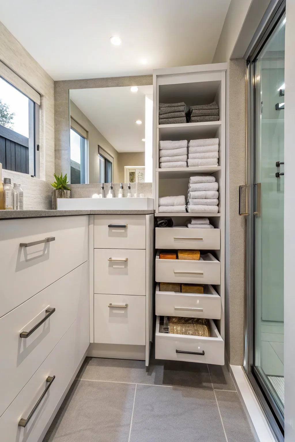Cabinets keep towels concealed for a bathroom free of clutter.