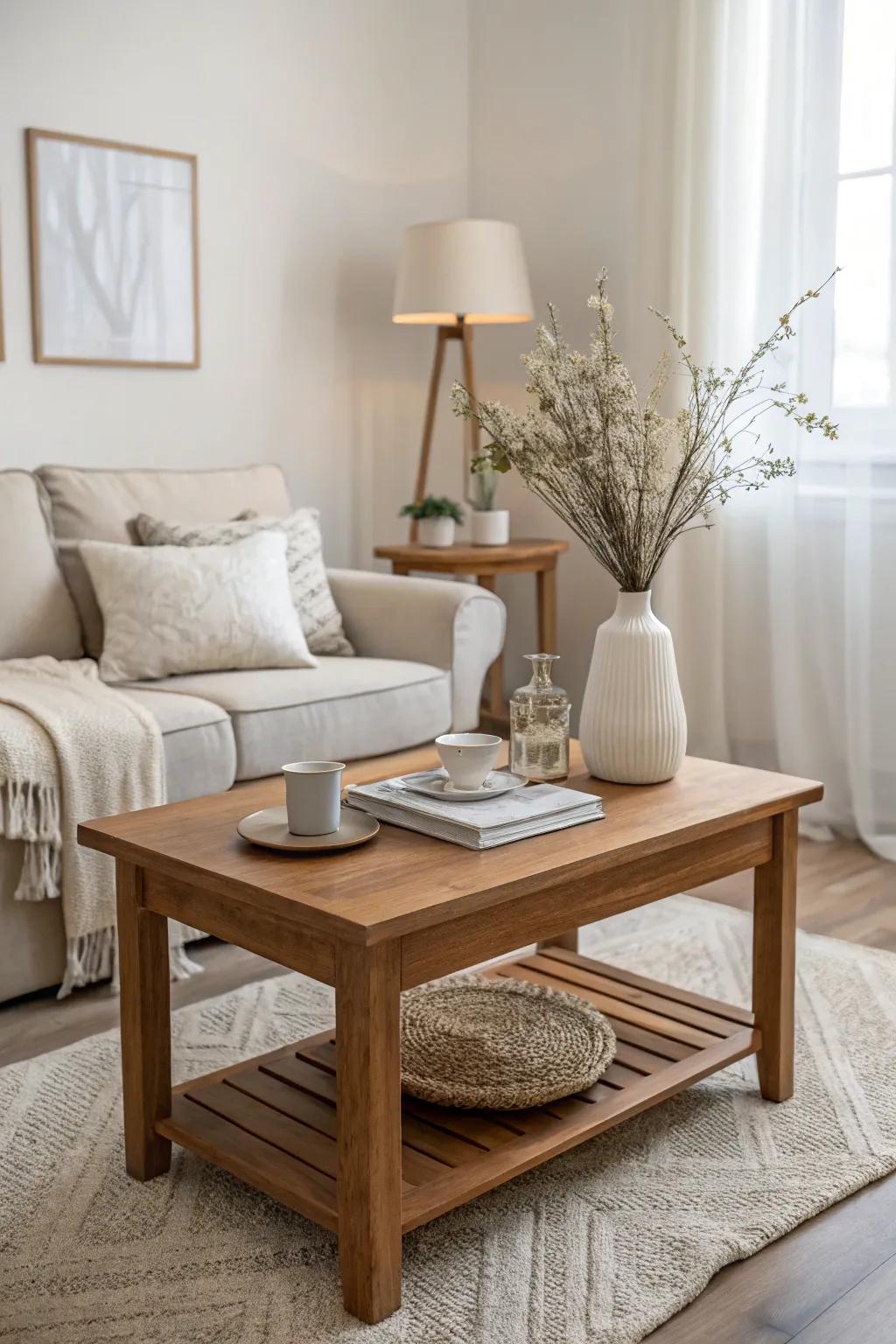 Simple wooden tables bring warmth and elegance to small areas.