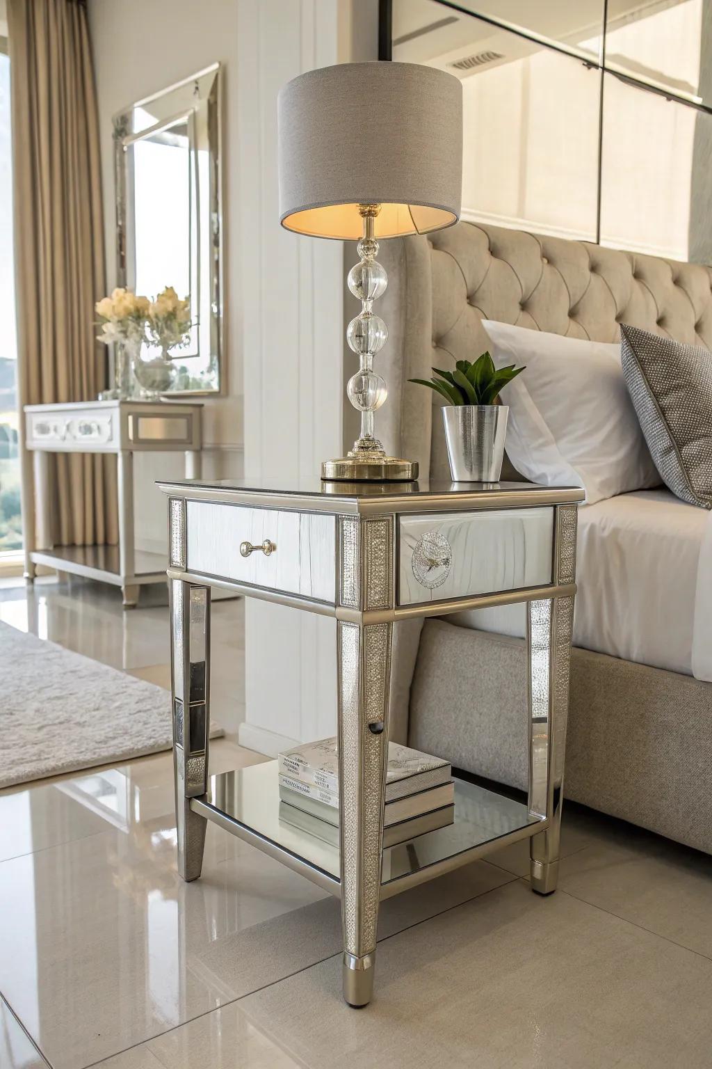 Mirrored end table enhances the brightness of a modern bedroom.