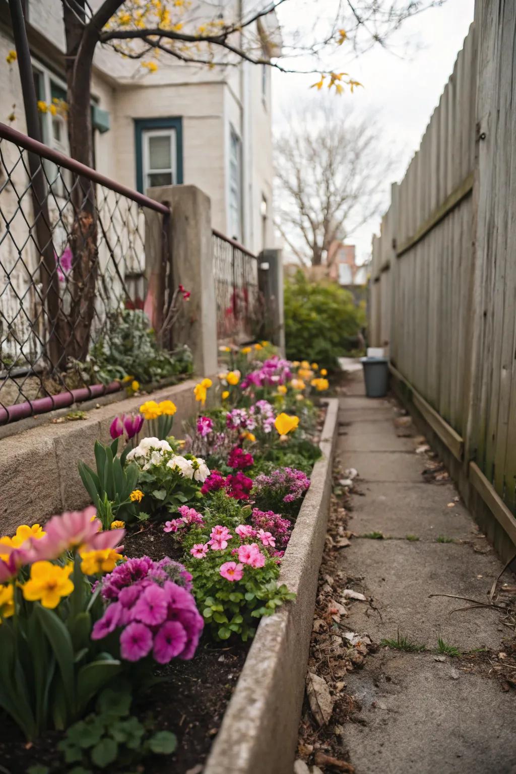 A small, vibrant flower bed nestled into a narrow side yard.