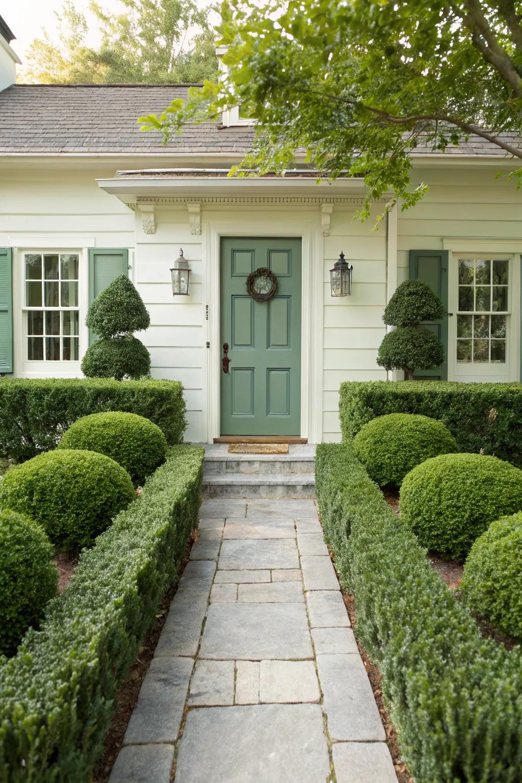 Hedges enhancing a welcoming front door area.