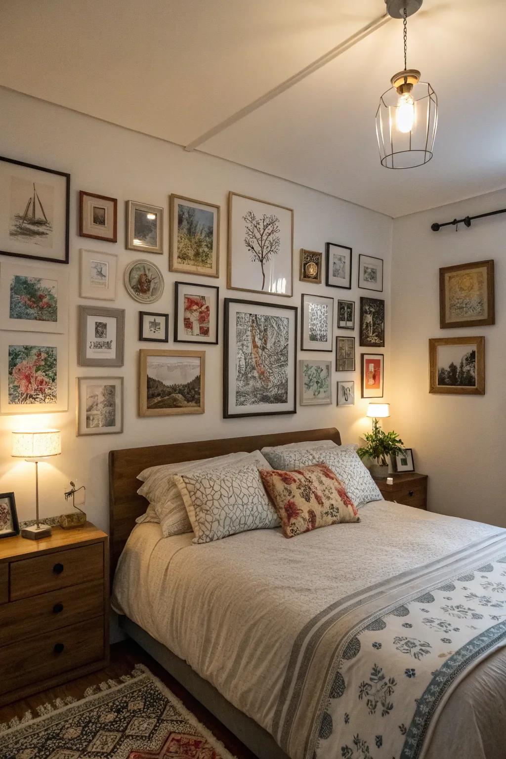 Wall-mounted artistry injects personality into a small master bedroom.