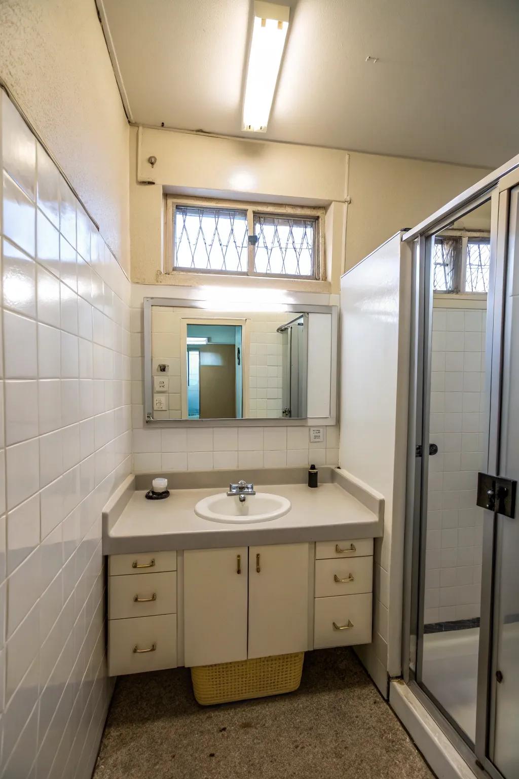 A large mirror opens up the space in this small bathroom.