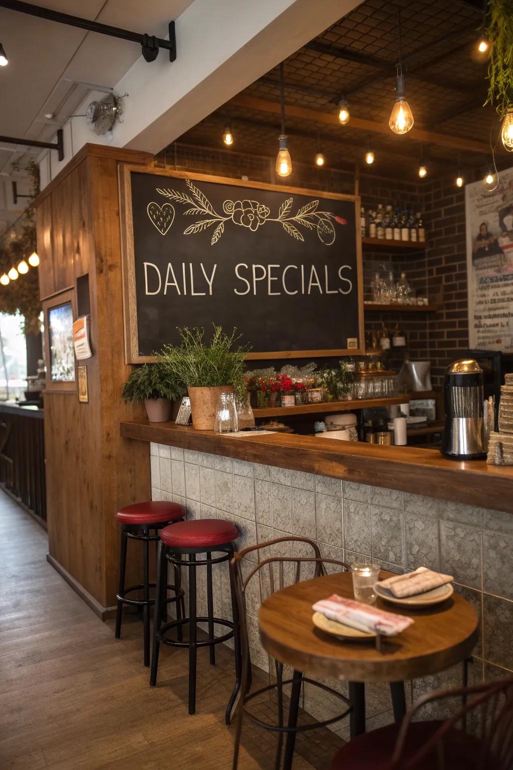 A chalkboard menu adds a personal and functional touch to a small restaurant bar.