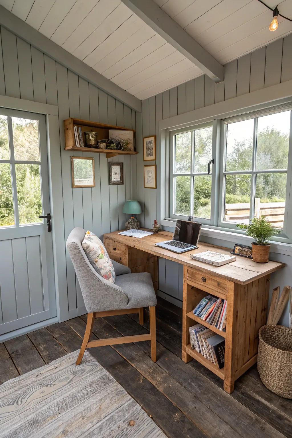 A bright and functional home office inside a small shed.