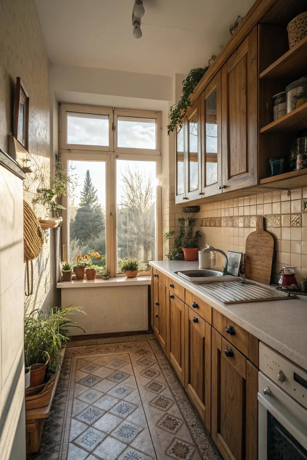 Natural light enhances the spacious feel of a small kitchen.