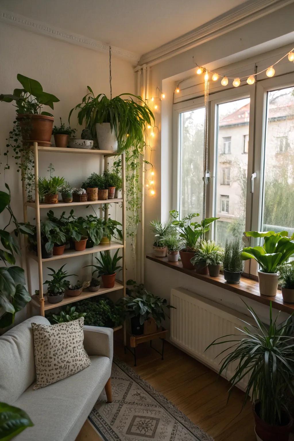 Indoor plants introduce vibrancy and a sense of calm to small spaces.