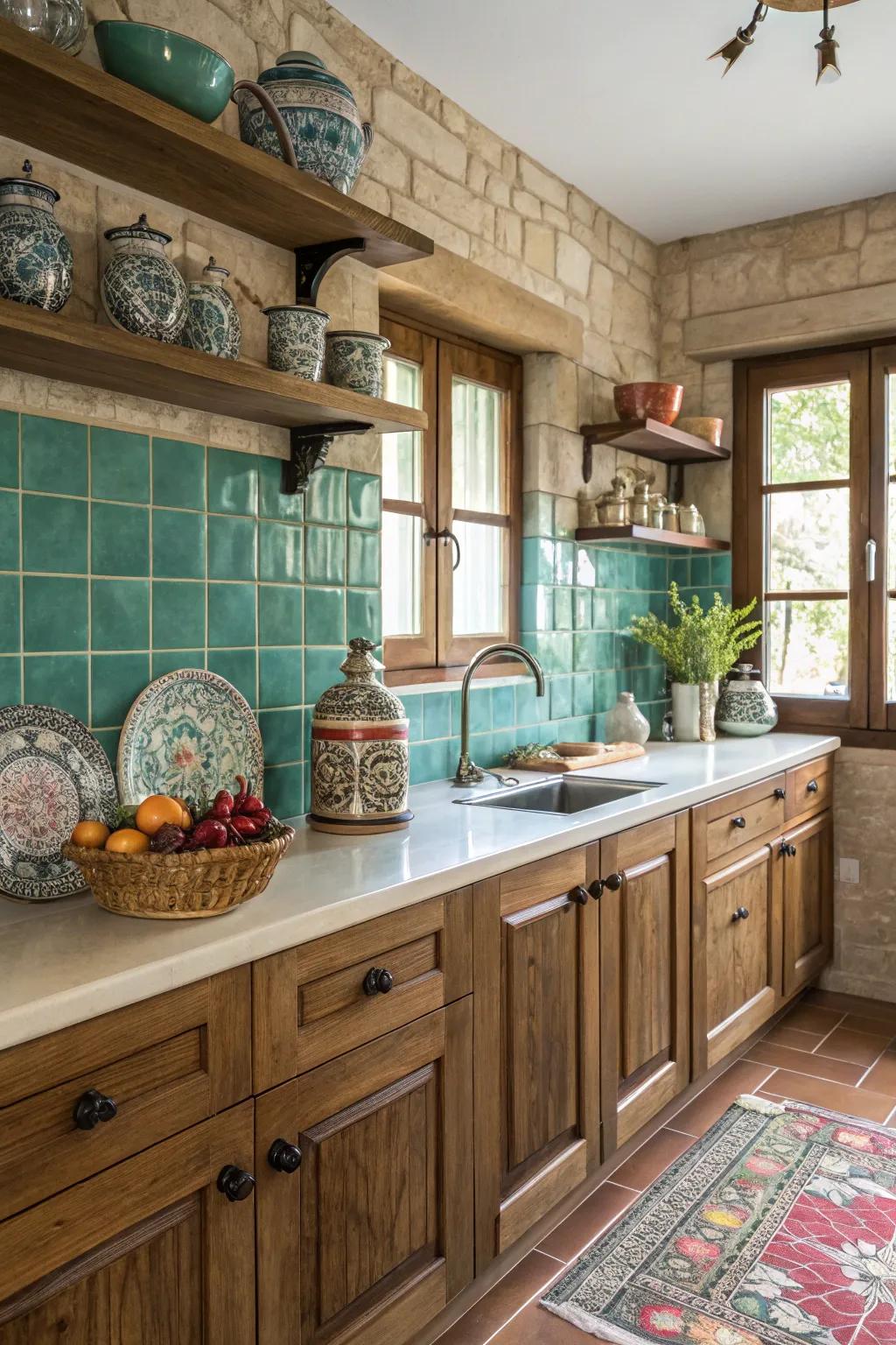 Turquoise tiles bring a vibrant and luxurious feel to the kitchen.