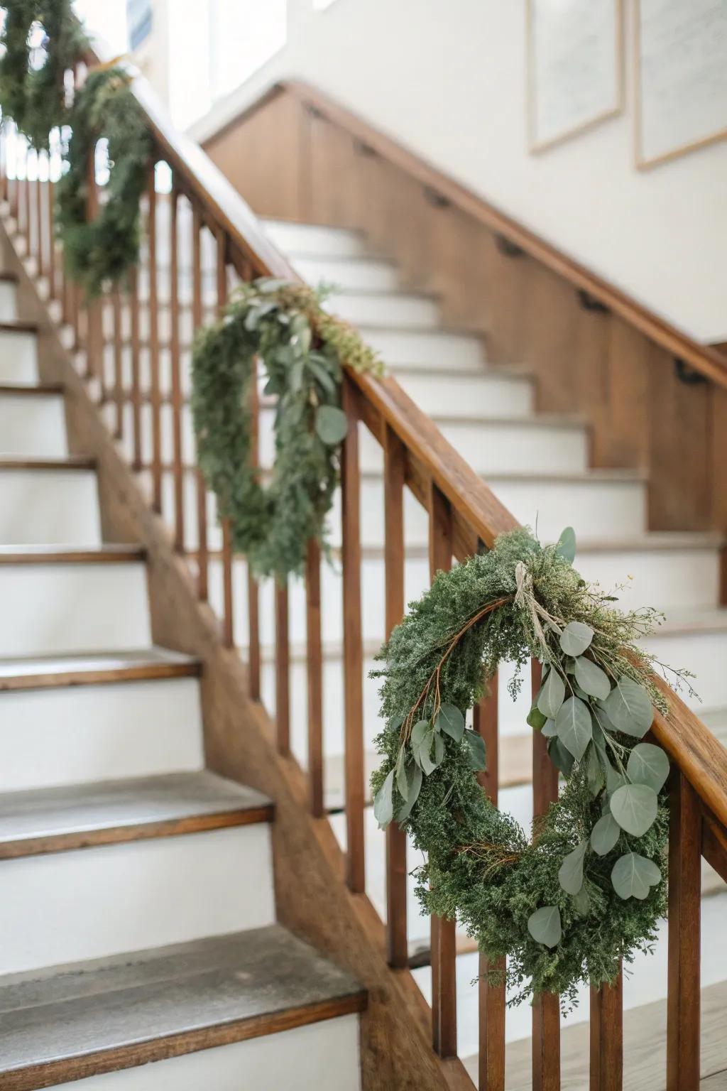 Small eucalyptus wreaths add elegance to the staircase.