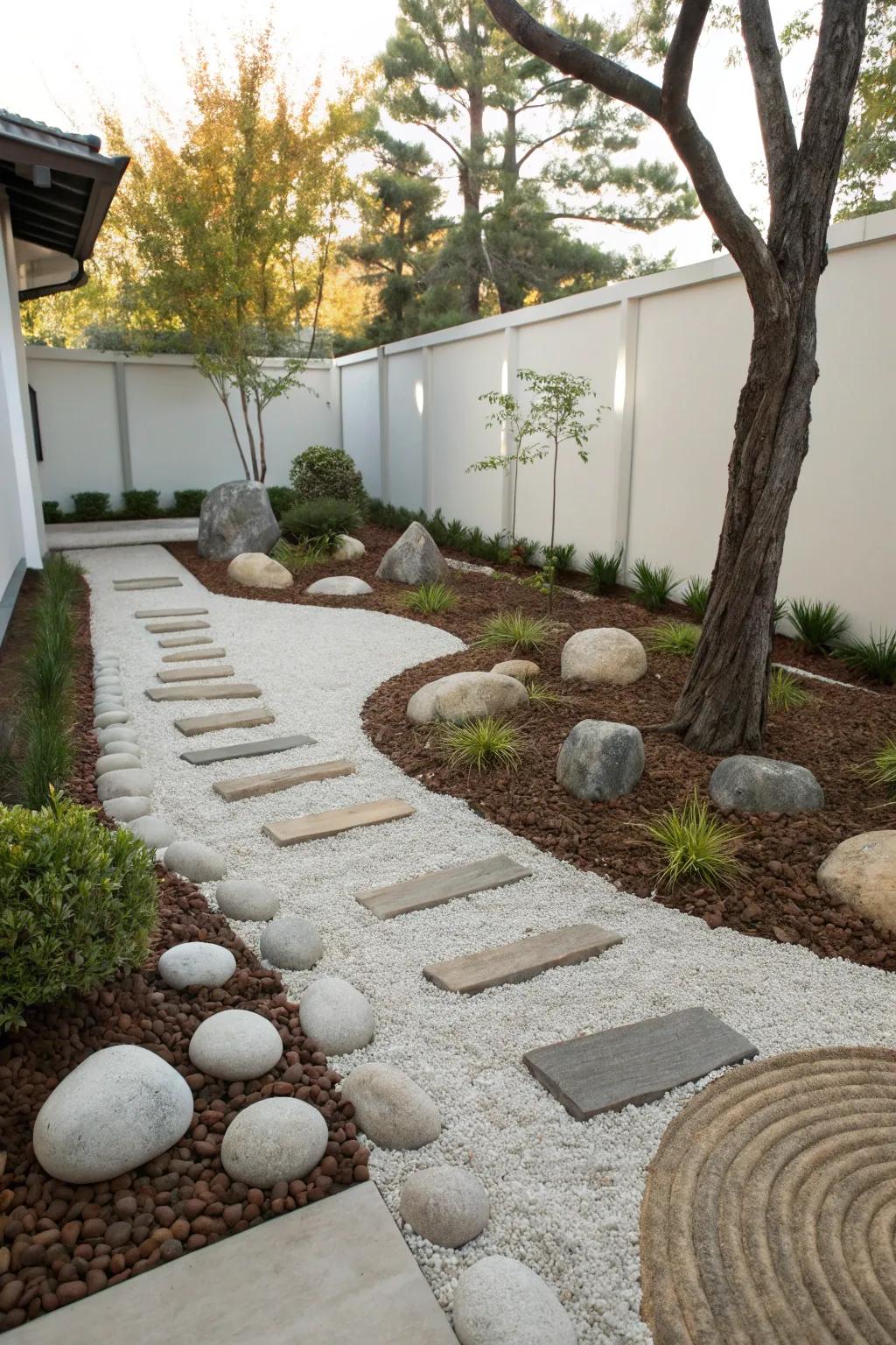 Embrace simplicity with minimalist stone and mulch designs.