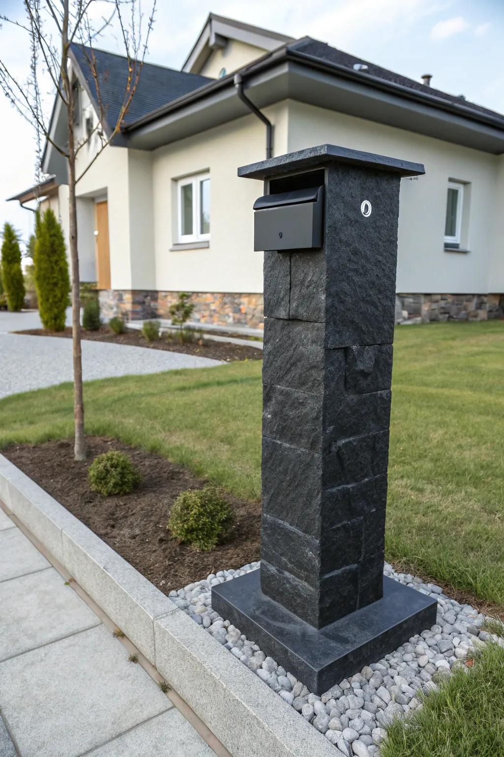 A striking basalt mailbox pillar making a bold statement.