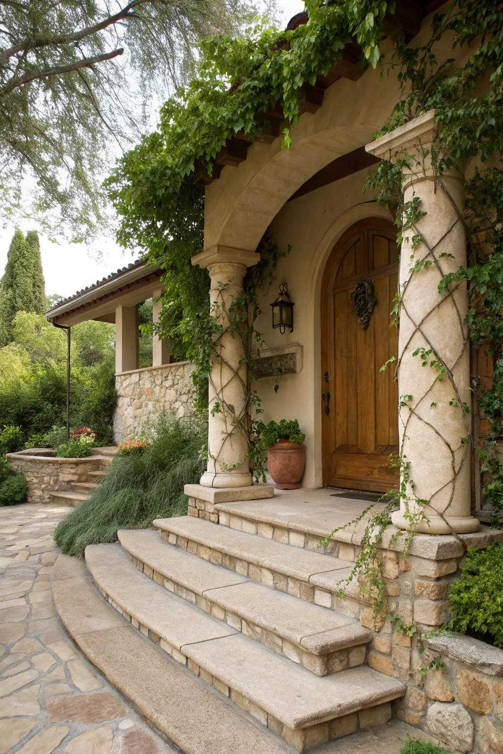 Natural stone accents add elegance to this stucco porch.