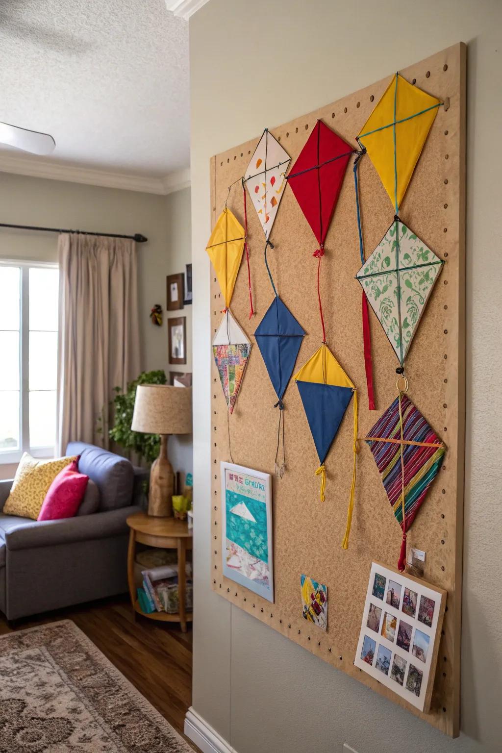 A whimsical board exhibit with vibrant kites that draw the eye.
