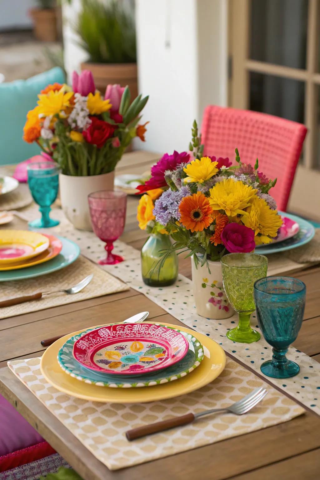 A dining table with colorful tableware and themed centerpieces.