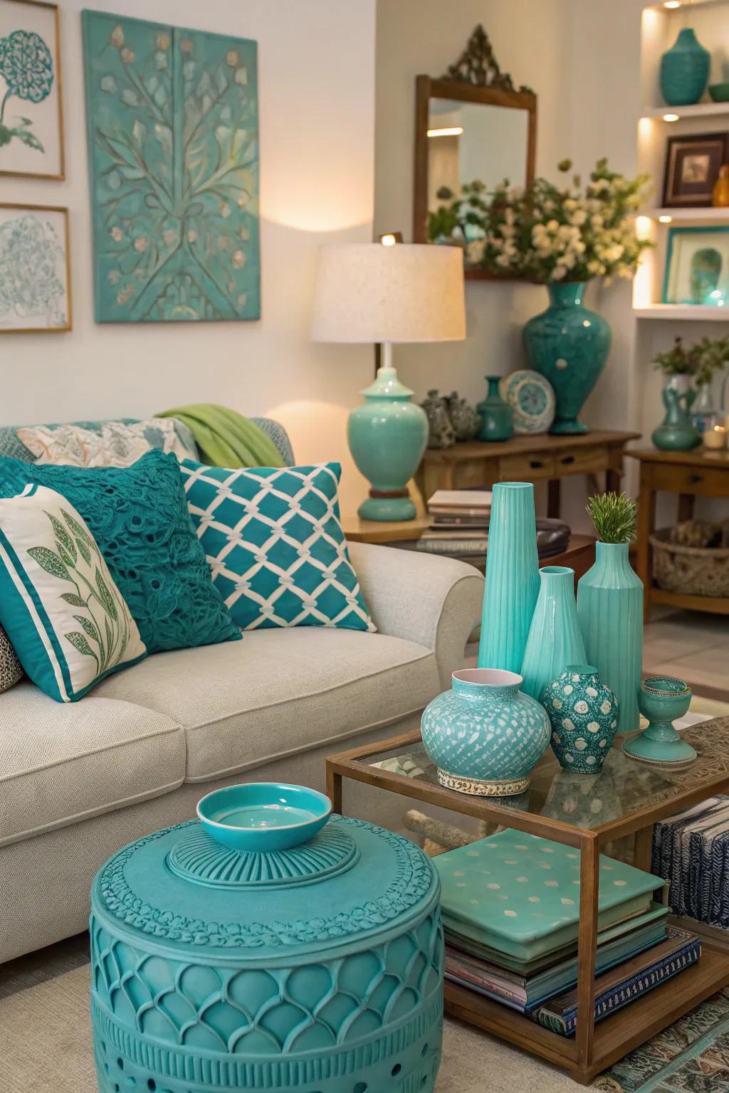 Eclectic teal and turquoise accessories add a unique flair.