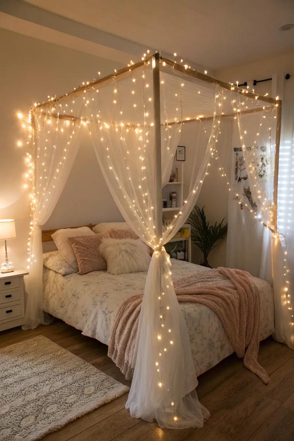 Fairy lights create a whimsical and serene atmosphere.