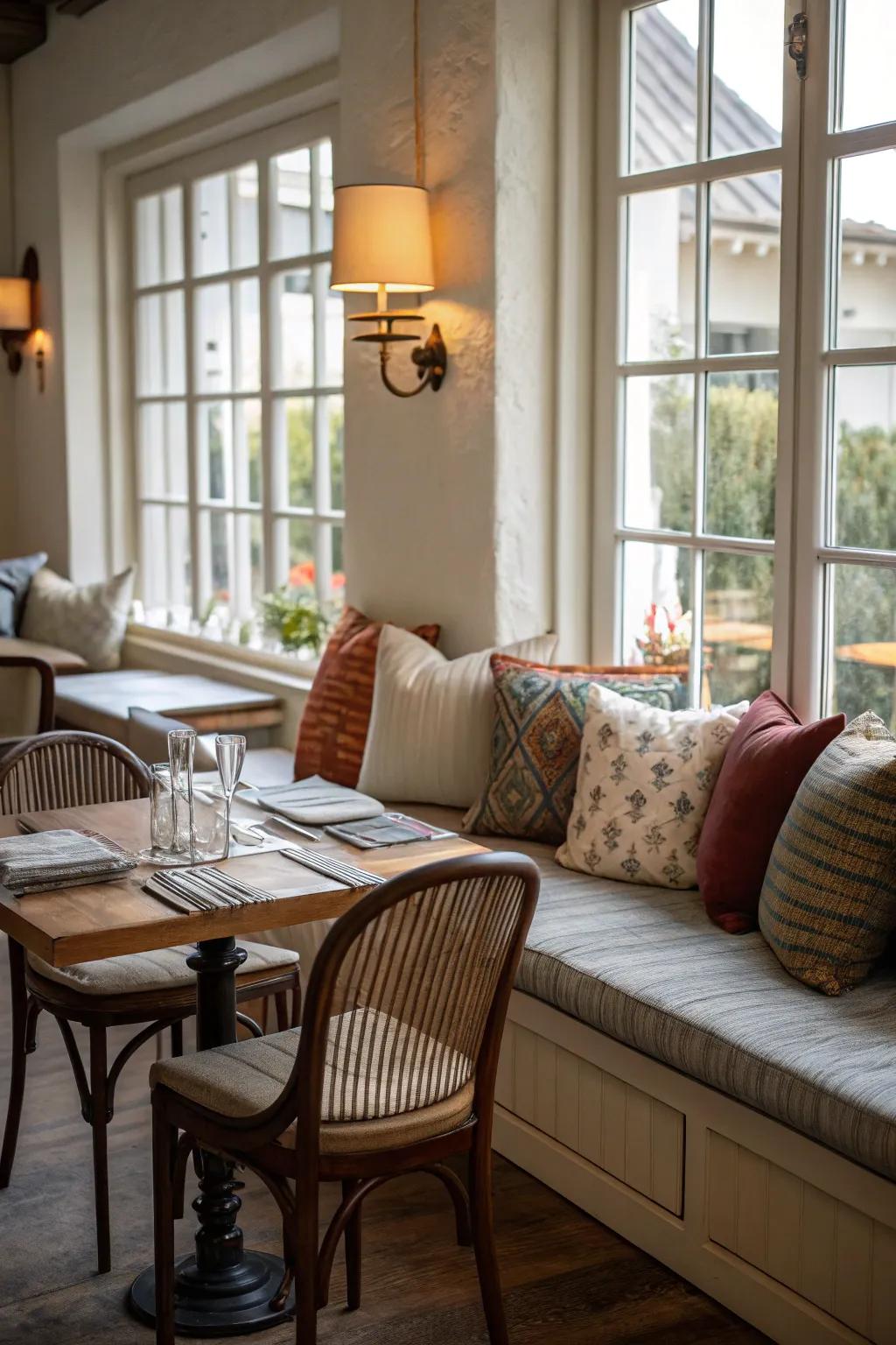 Unexpected charm with throw pillows on dining chairs and a bench.