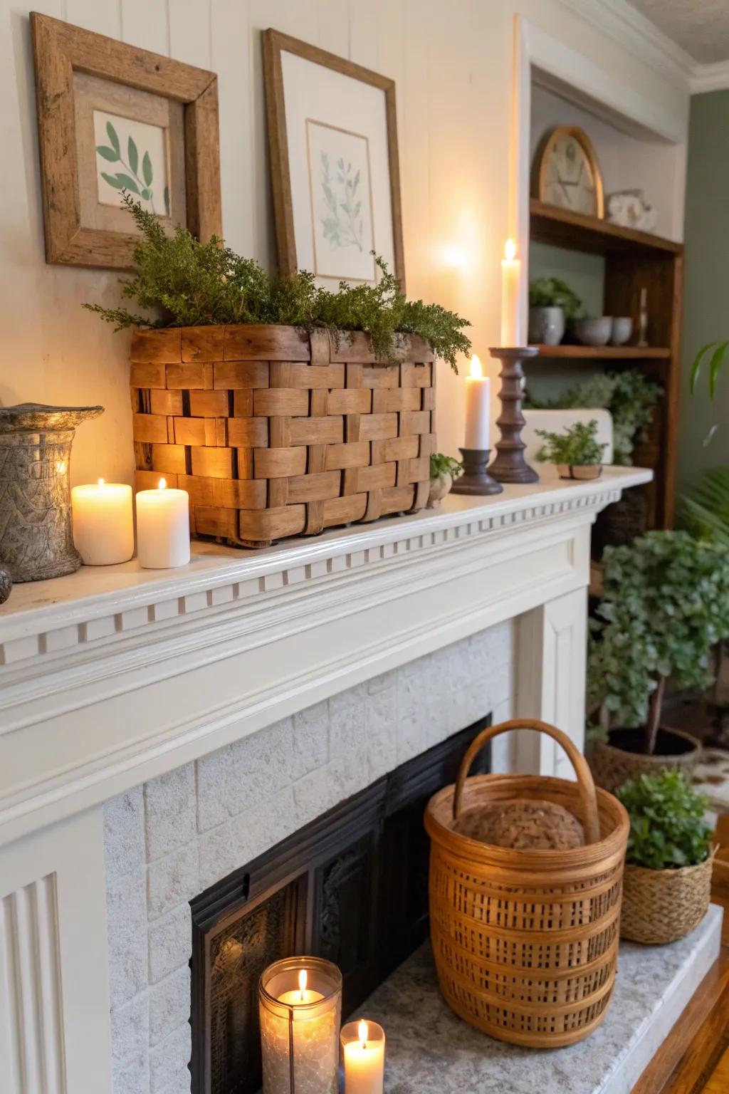 A laid-back and sophisticated mantel arrangement showcasing a feed sack.
